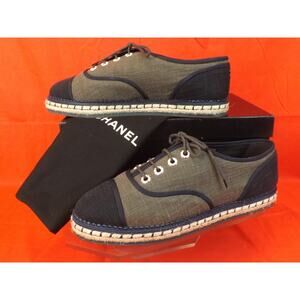 NIB CHANEL G31345 GREEN BLACK CANVAS PEARLS CC ESPADRILLE OXFORDS FLAT 39.5 9